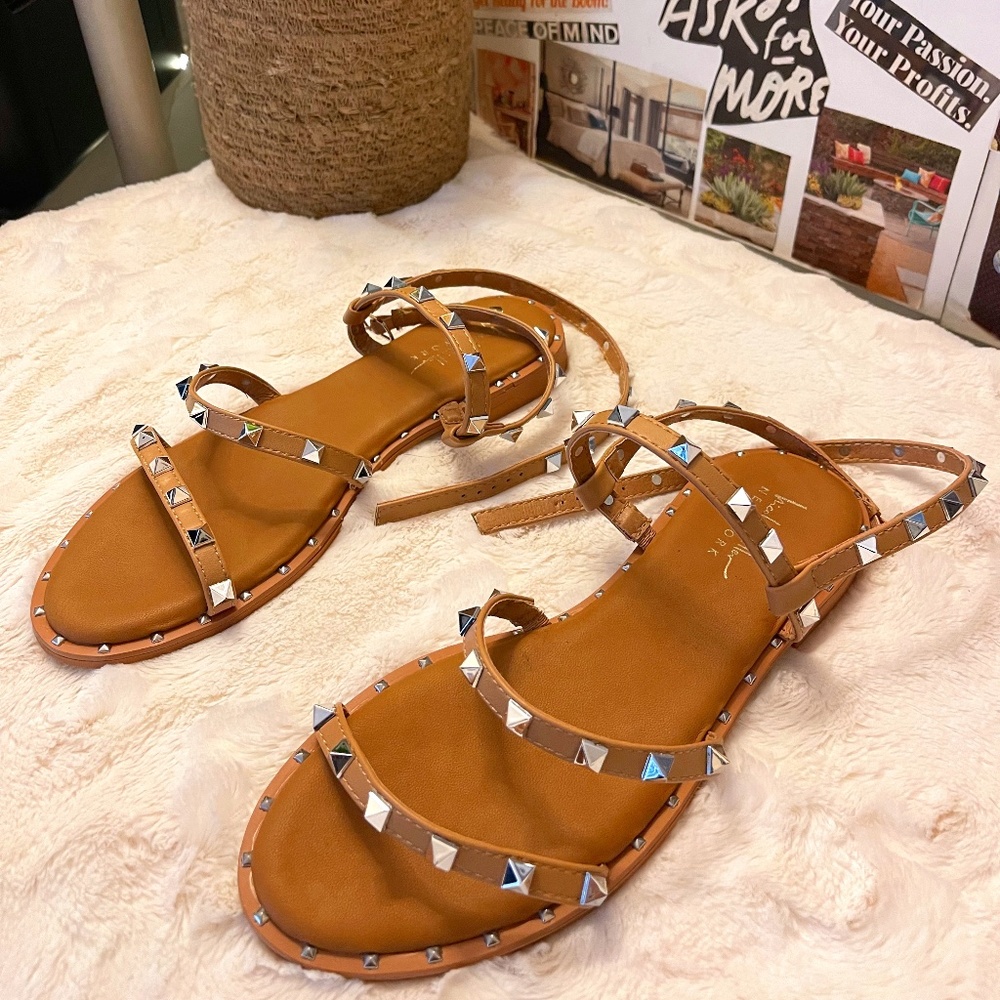 Studded Nicole Miller Sandals - Tan with silver studs